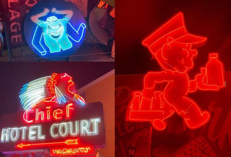 Laundry shop, Anderson Dairy, Chief Hotel Court neon signs
