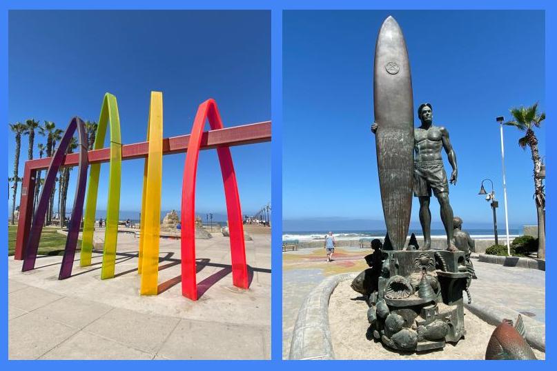 Two public art surfer statues in Imperial Beach