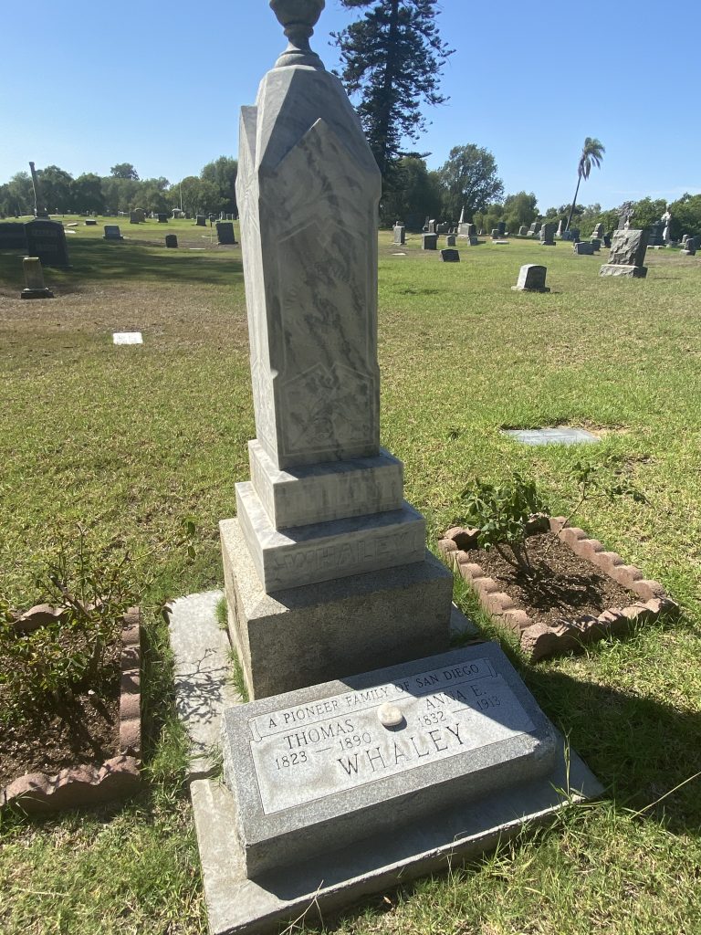 Gravesite of Thomas and Anna Whaley in Mt. Hope Cemetery San Diego