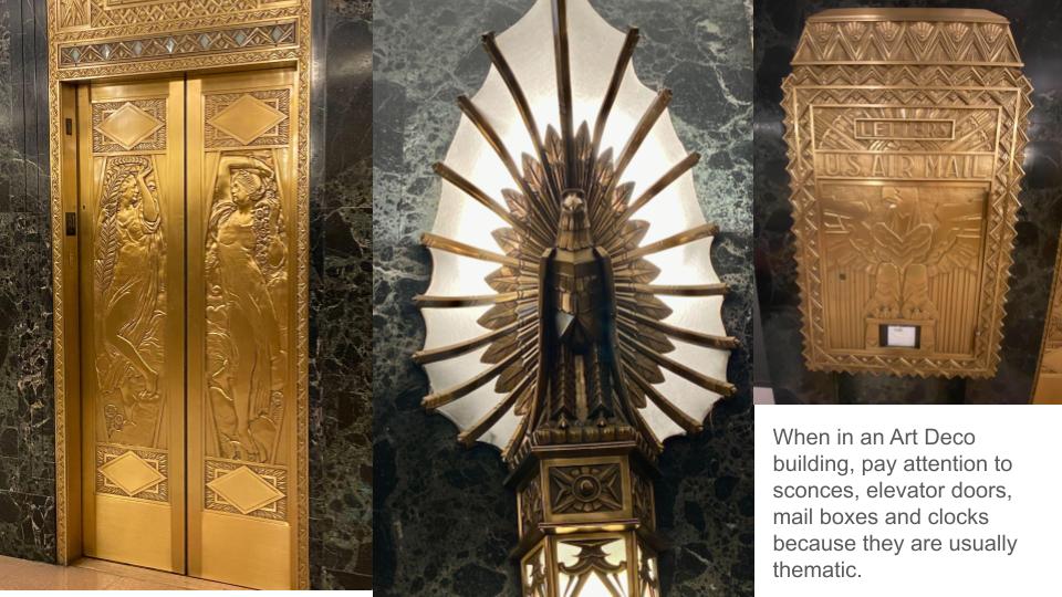 Thunderbird sconce and mailbox in One La Salle Building, Chicago, IL